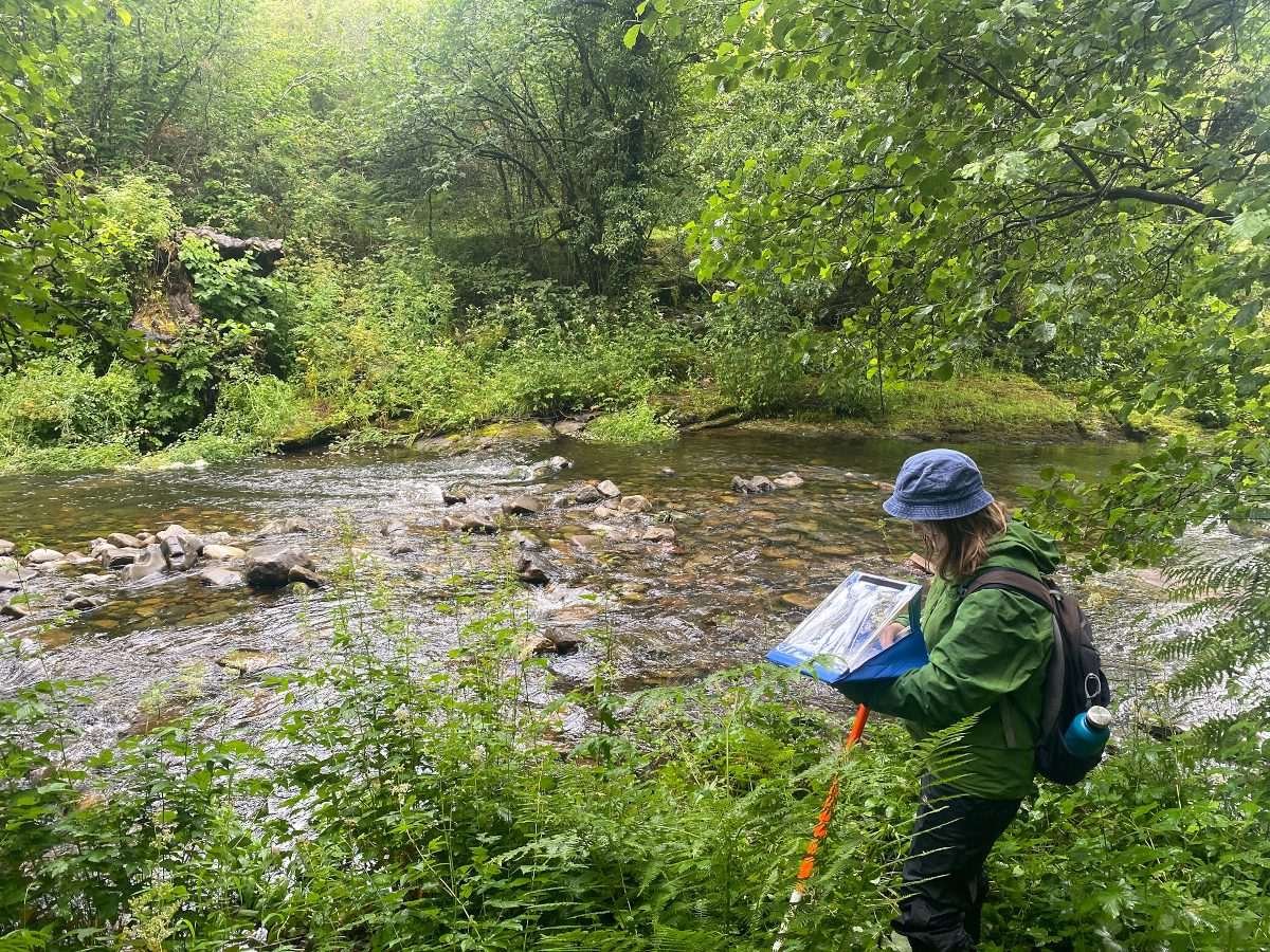A woman in outdoor clothing and backpack walks alongside a river or stream in what looks like a woodland area, looking down at a small carrier for holding scientific samples