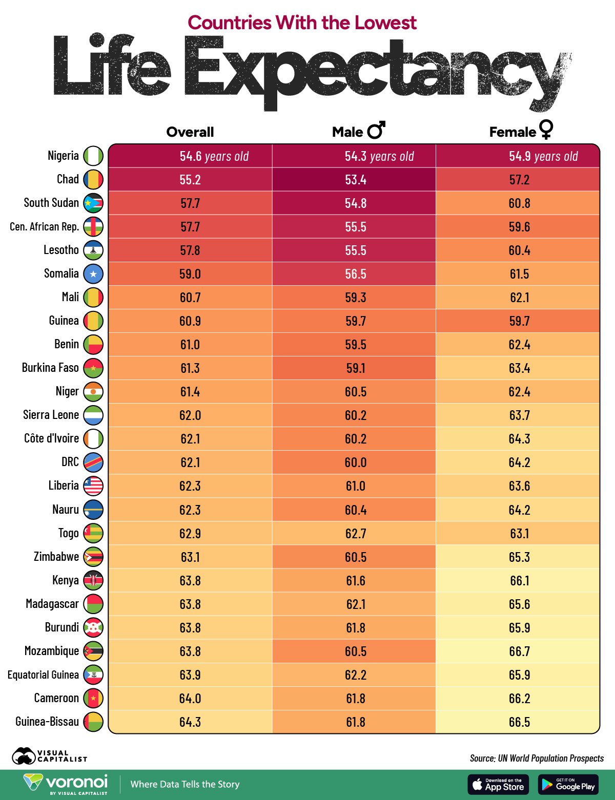 This infographic shows the 25 countries with the lowest average life expectancy in the world, many of which are in Africa. 