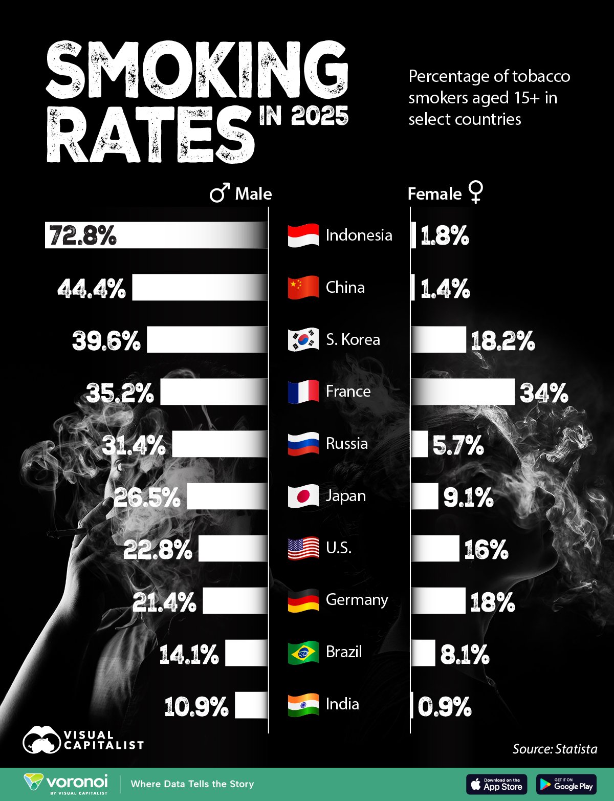 Bar chart showing smoking rates by country & gender in 2025.