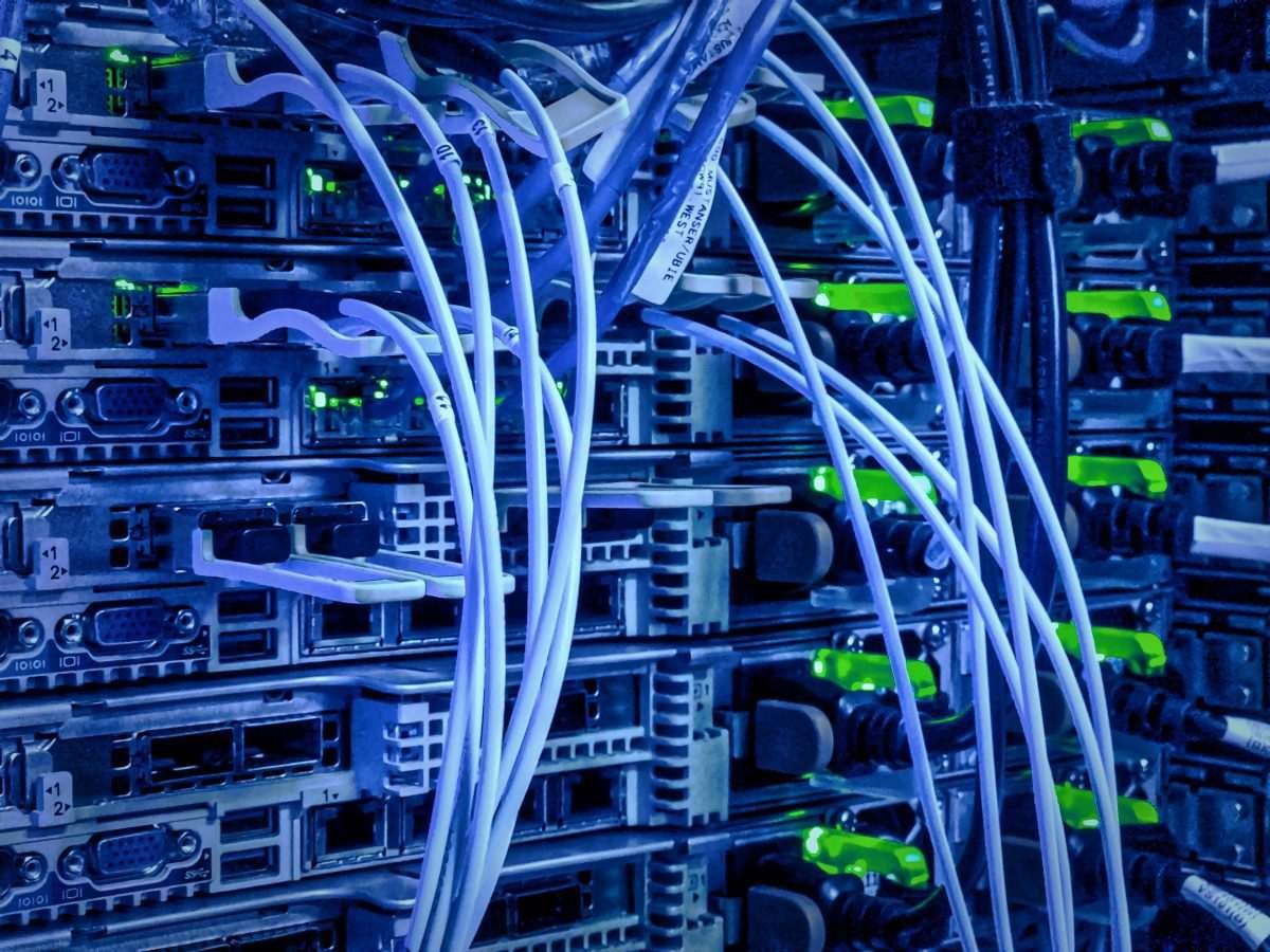 Data centre equipment showing cables and LEDs