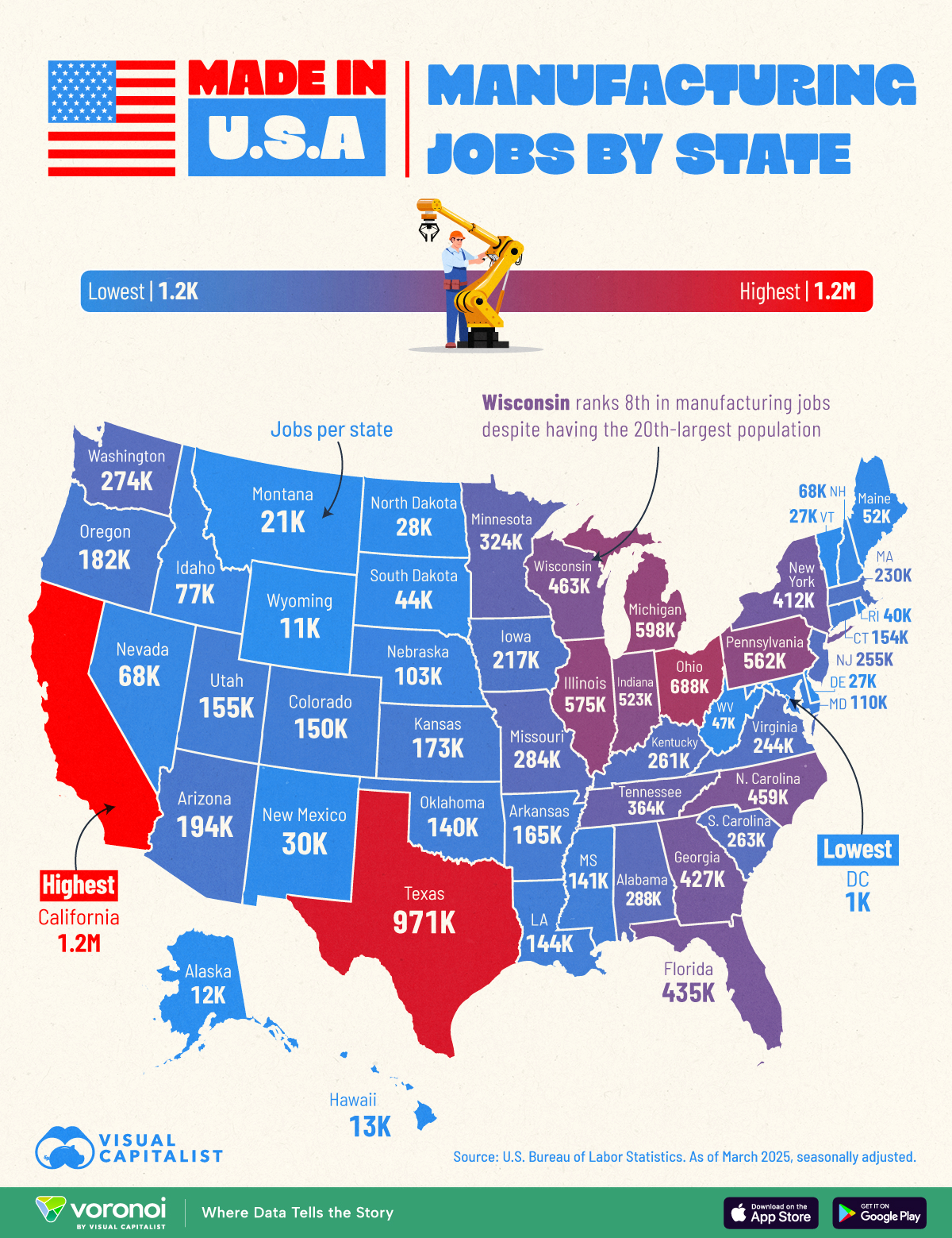 This map highlights the U.S. states leading and lagging in manufacturing employment.