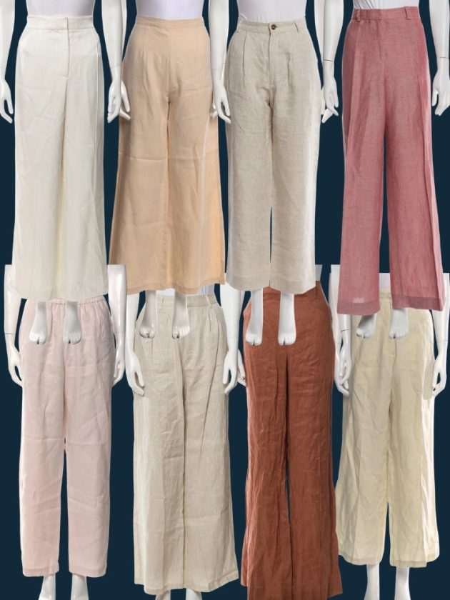 Collection of secondhand linen trousers in beige, pink, white, and rust