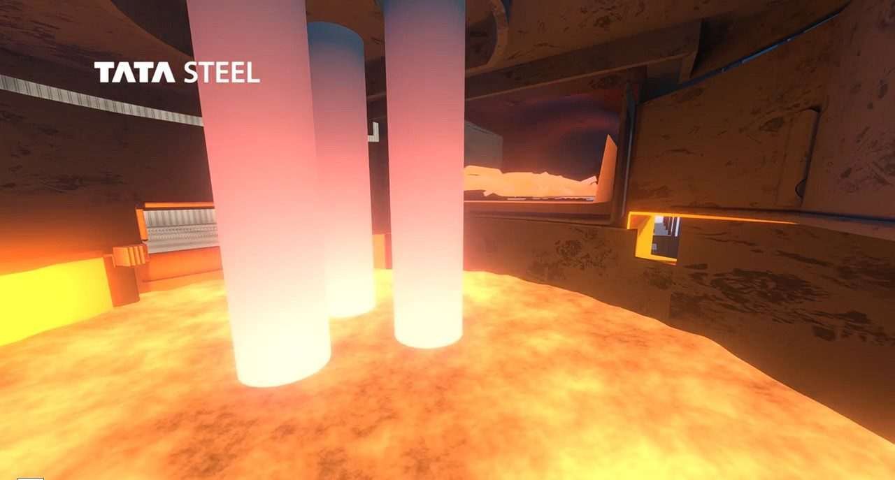 Bright, incandescent form of molten steel sitting within a container with similarly incandescent column shapes and other details suggesting the interior of a facility such as an EAF