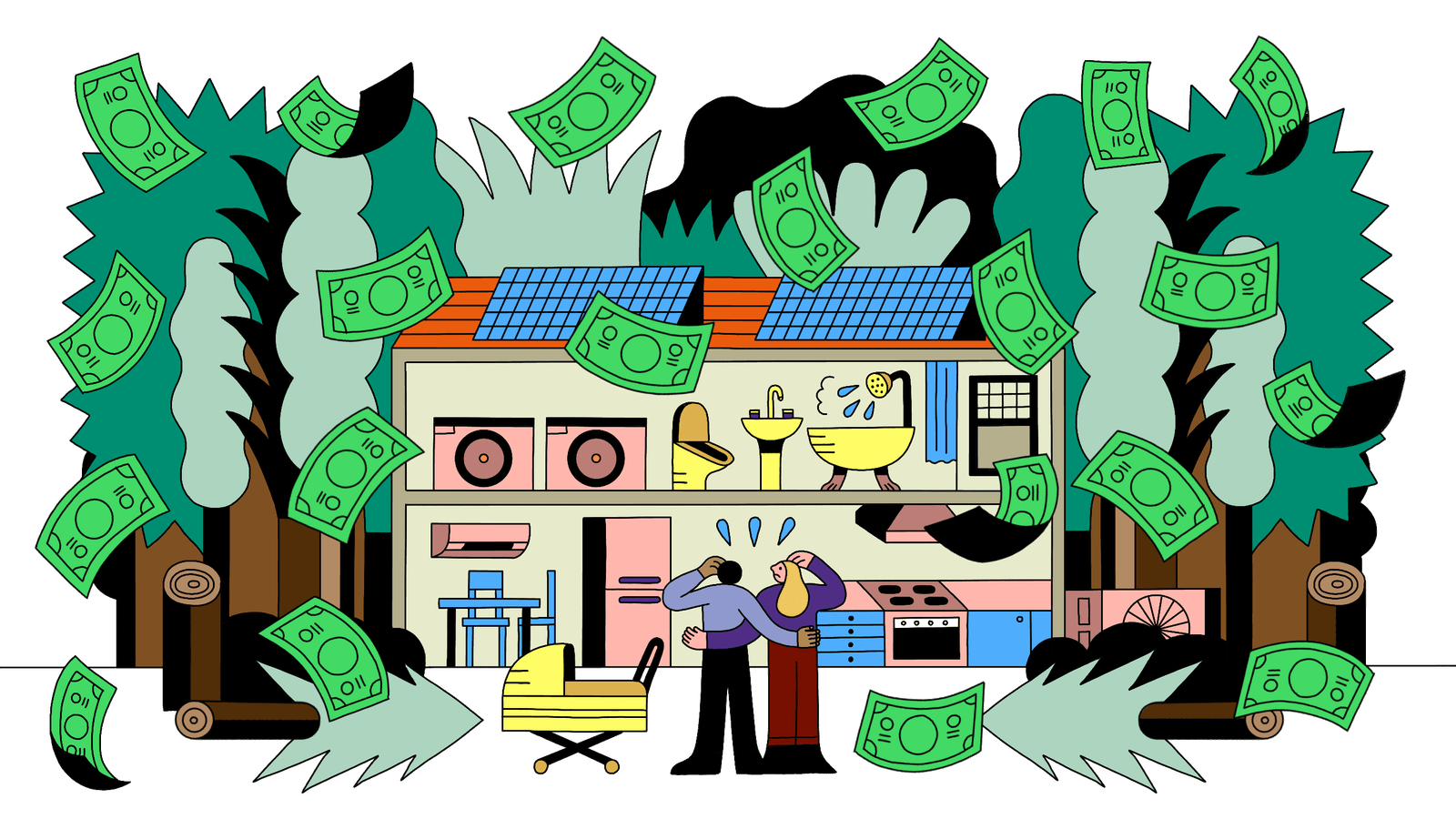 Illustration of Tik and his wife looking at their home with money flying around them