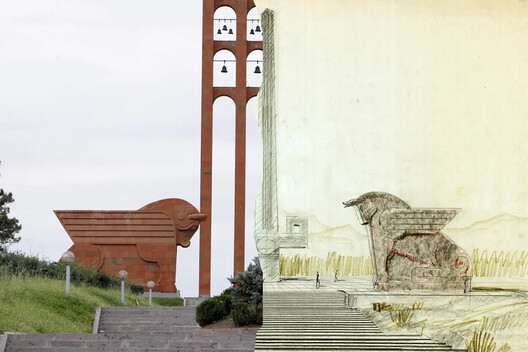 The Sardarapat Memorial and the architect's original sketch. Image via risraelyan.com/en/, courtesy of Aram Ghanalanyan