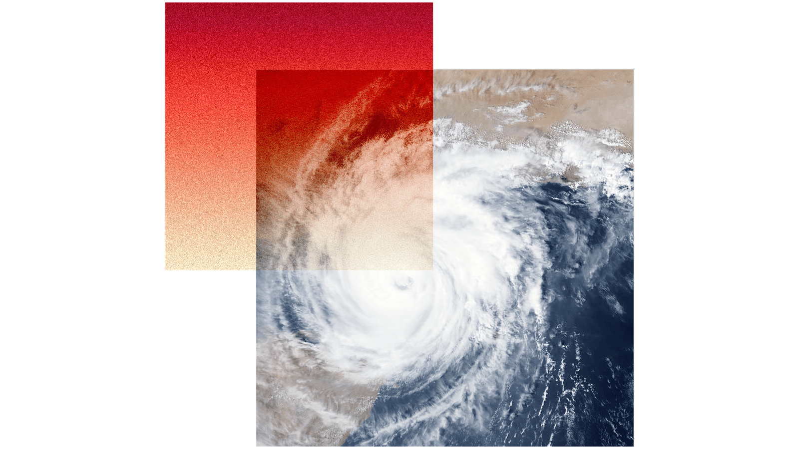 A collage showing a red square with orange-to-red gradient and a square of a hurricane