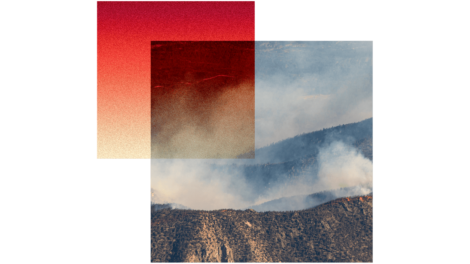 A collage showing a red square with orange-to-red gradient and a square of a hills with wildfire smoke