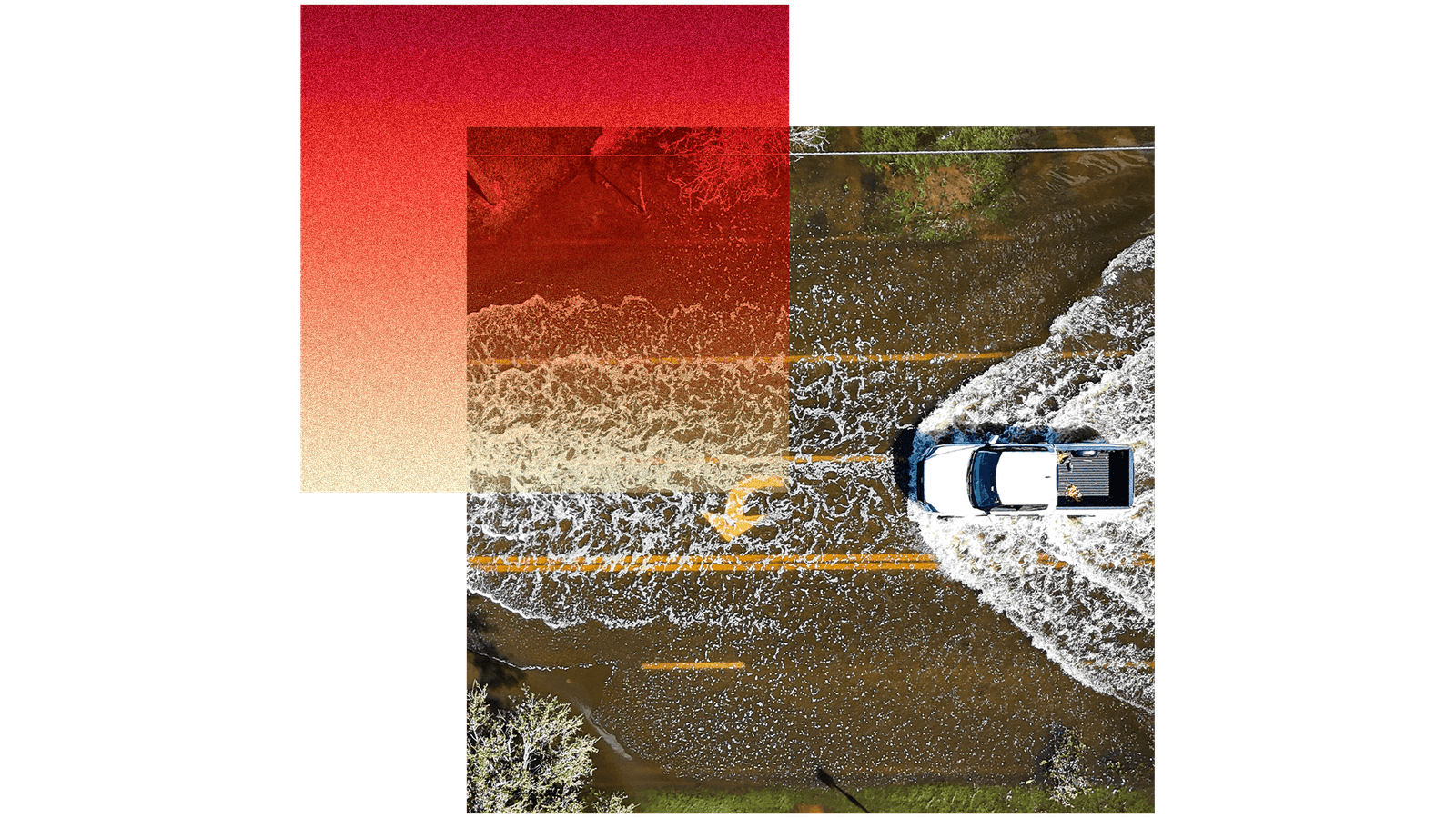 A collage showing a red square with orange-to-red gradient and a square of a car driving through a flooded street