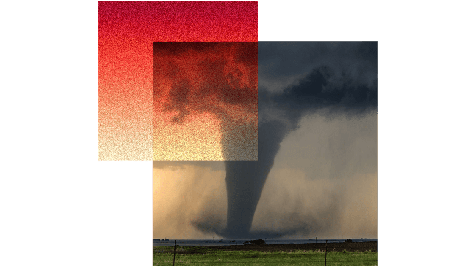 A collage showing a red square with orange-to-red gradient and a square of a tornado