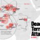 A map showing the locations and number of deaths of the 20 most deadly terrorist attacks in 2024.