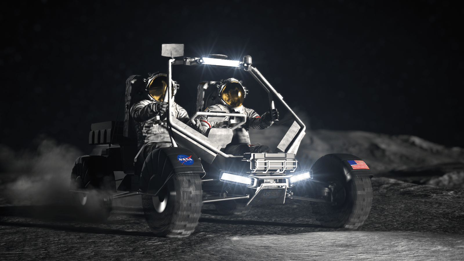 In an artist's concept, two astronauts ride on a lunar terrain vehicle on the surface of the Moon