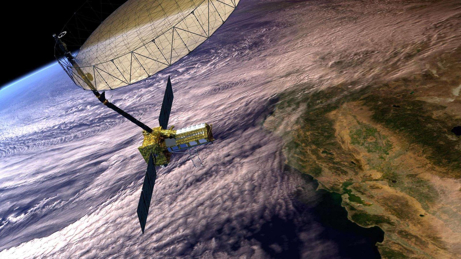 An artist's concept of the NISAR mission. The NISAR Satellite is seen operating in orbit above Earth.