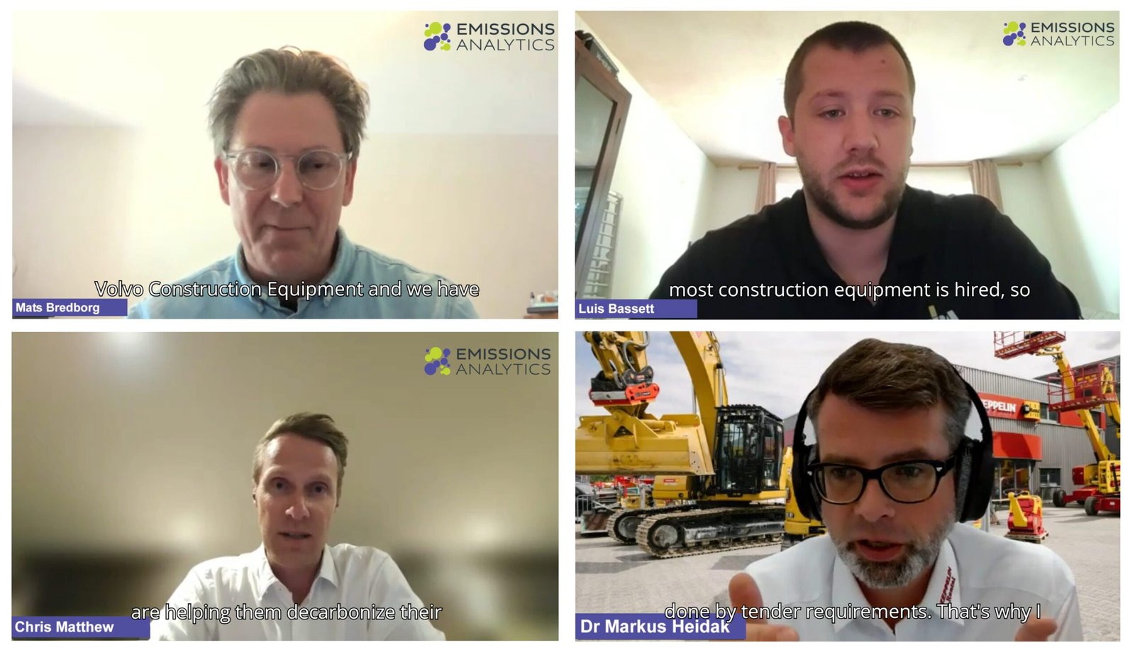 Conference call with screen split into four quadrants, in each of which is a different face