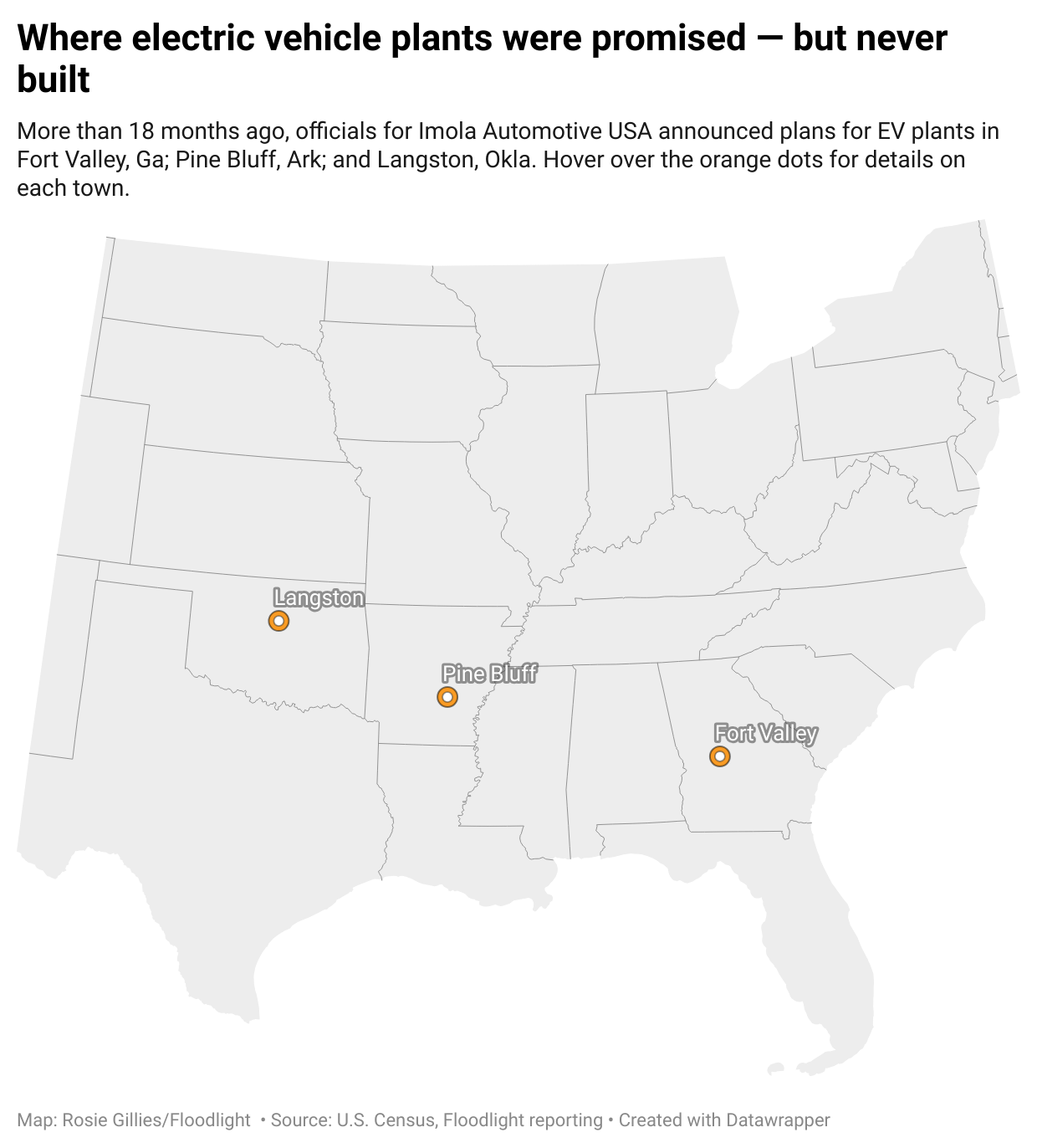 A map of promised EV plants that weren't build in three cities