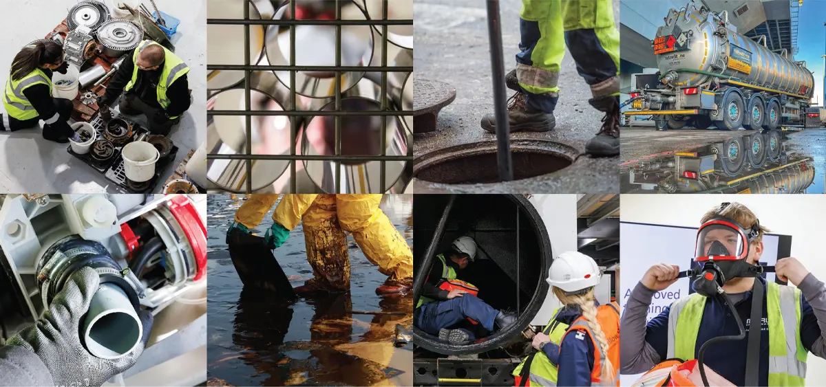 A mosaic of six square images, arranged as two rows of three image, with each image showing an environmental services activity, including the foot of a figure standing next to an open manhole cover, a portion of a appropriately suited technician cleaning up an oil spill, and other images