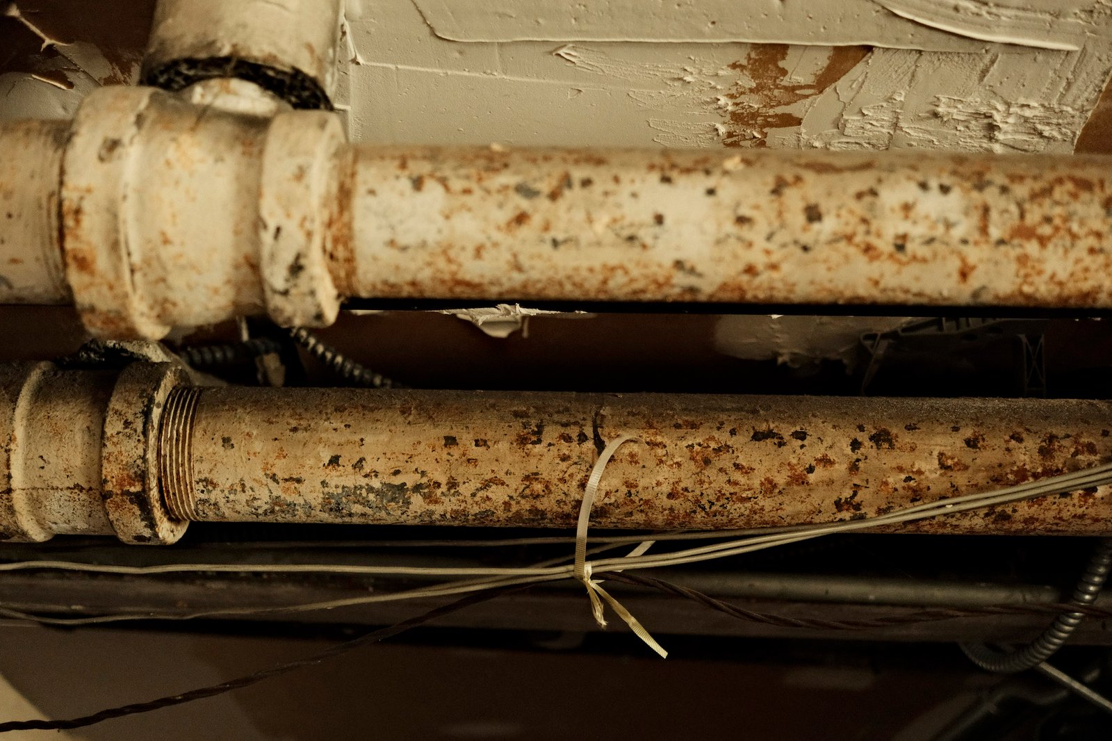 dirty lead pipes attached to a home
