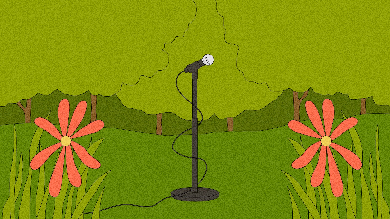 Illustration of a microphone in the middle of a lush forest