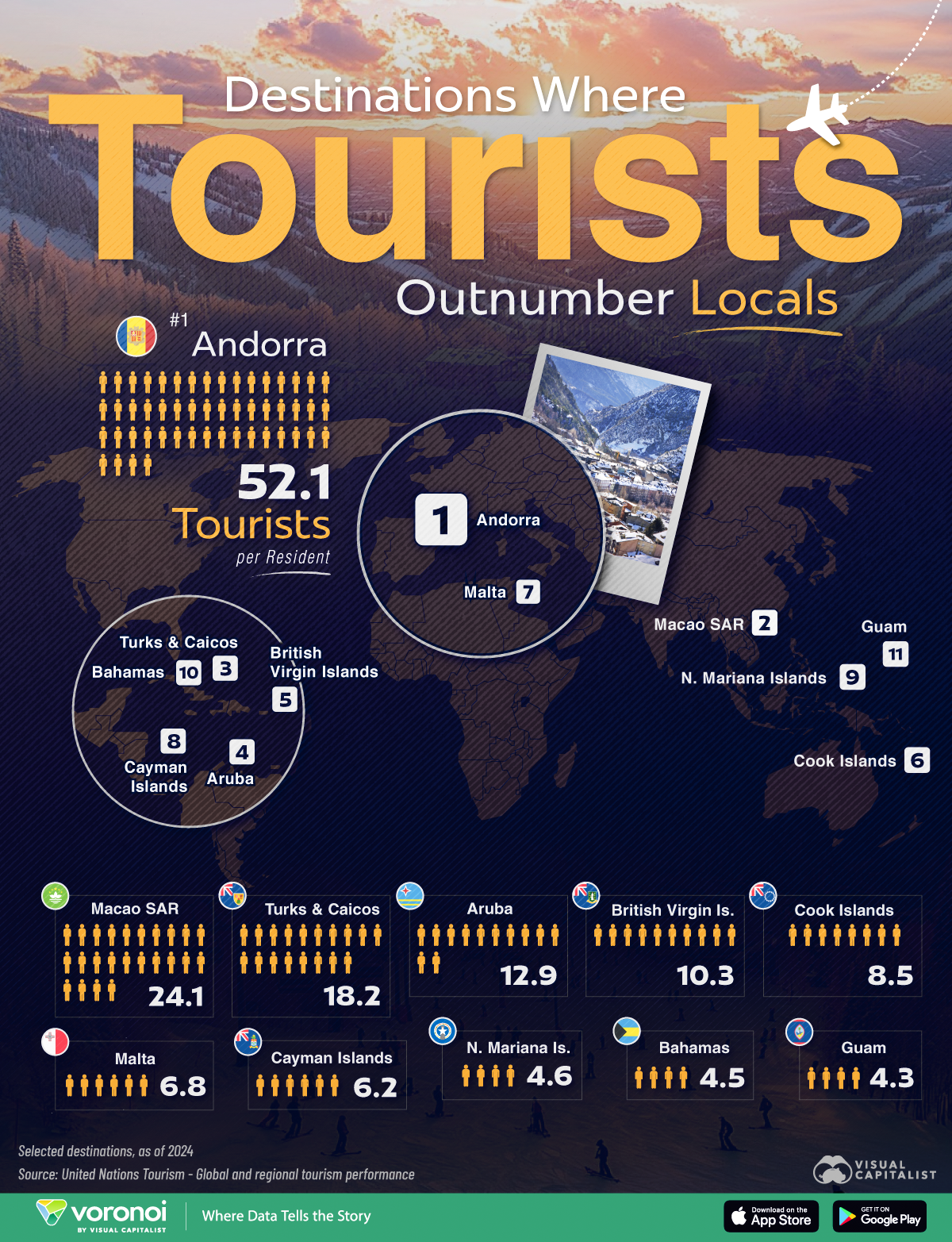 Map showing where tourists outnumber locals the most