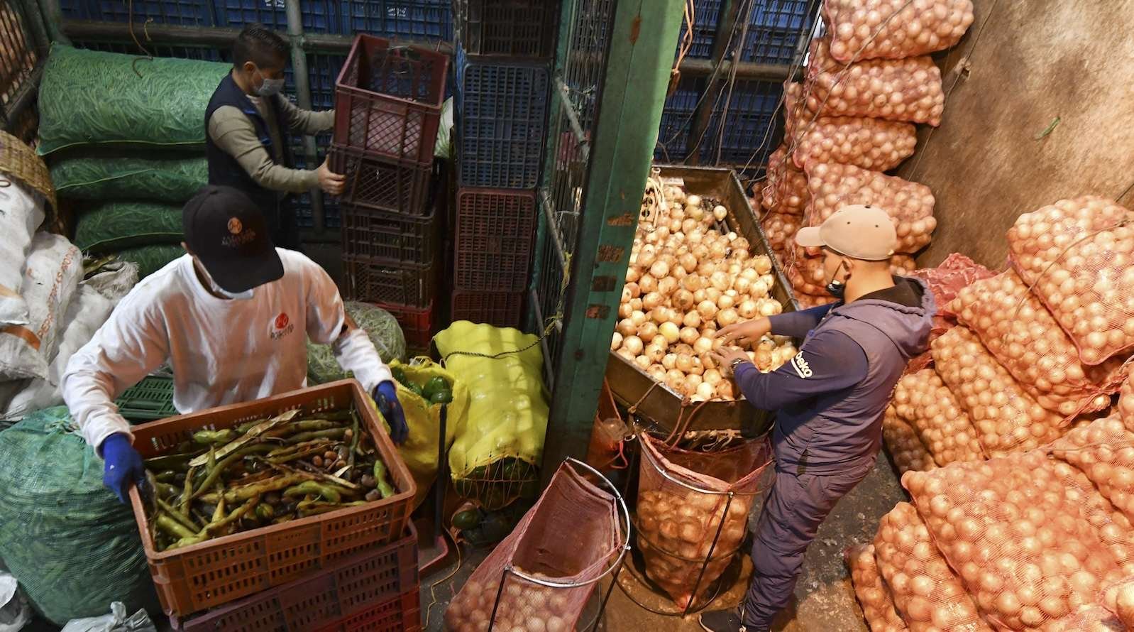 men pack up boxes of food for a food bank