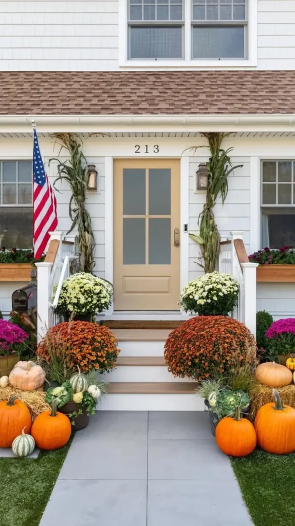 Hay Bales and Cornstalk fall porch decor