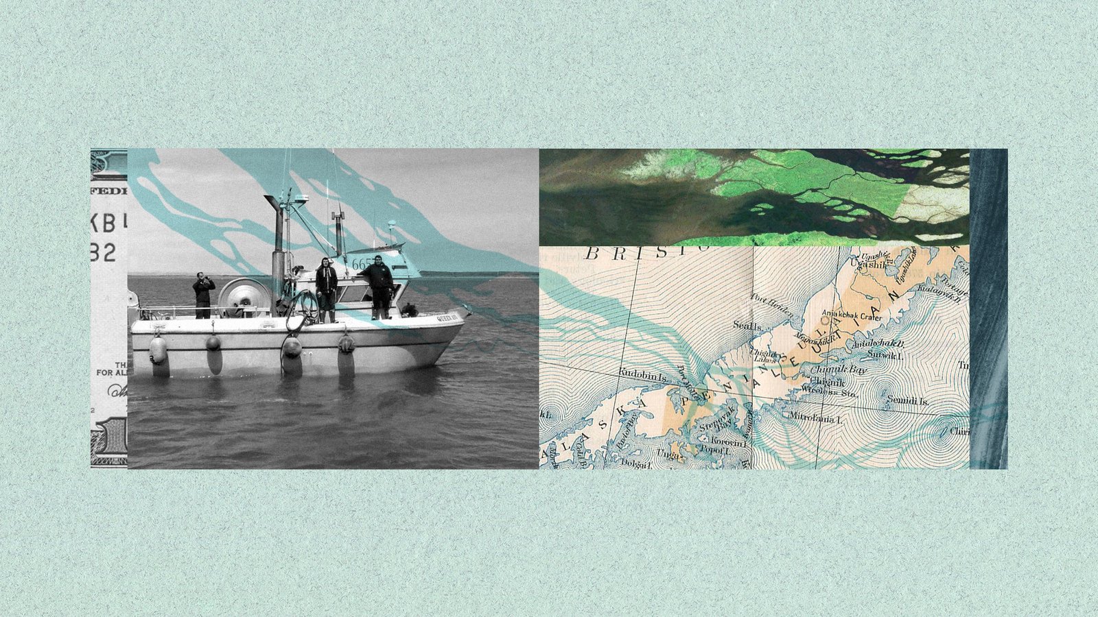 Digital collage of Alaskan fishing boat, river, and map of Bristol Bay