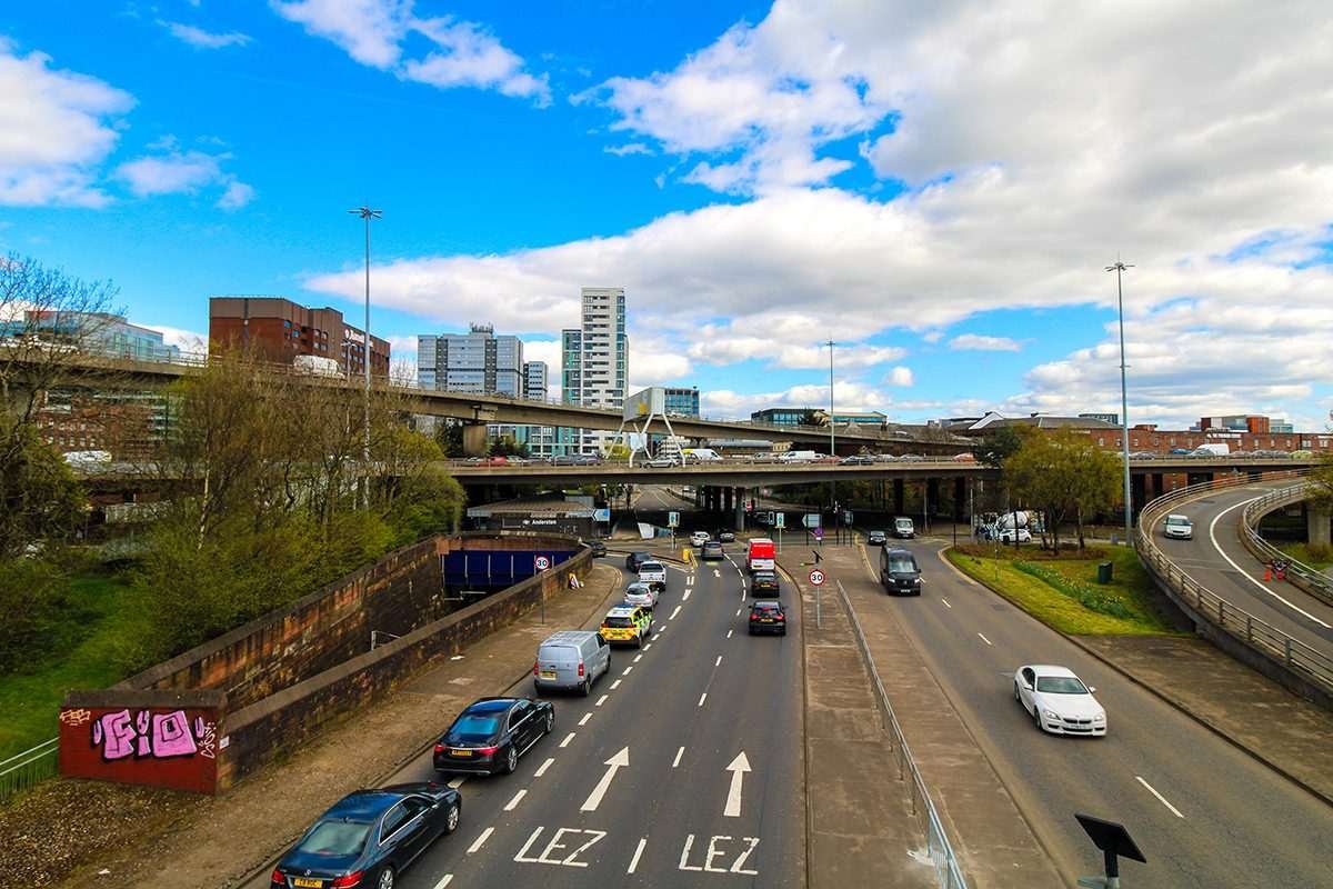 Aerial view of cars on motorway roads in Glasgow city centre