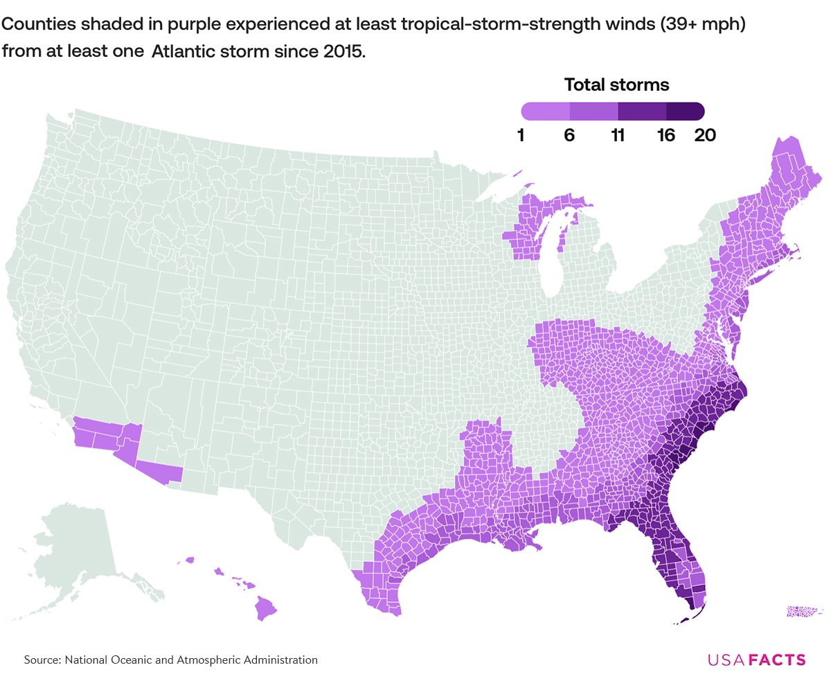 A map of the United States showing which counties have experienced tropical storms since 2015