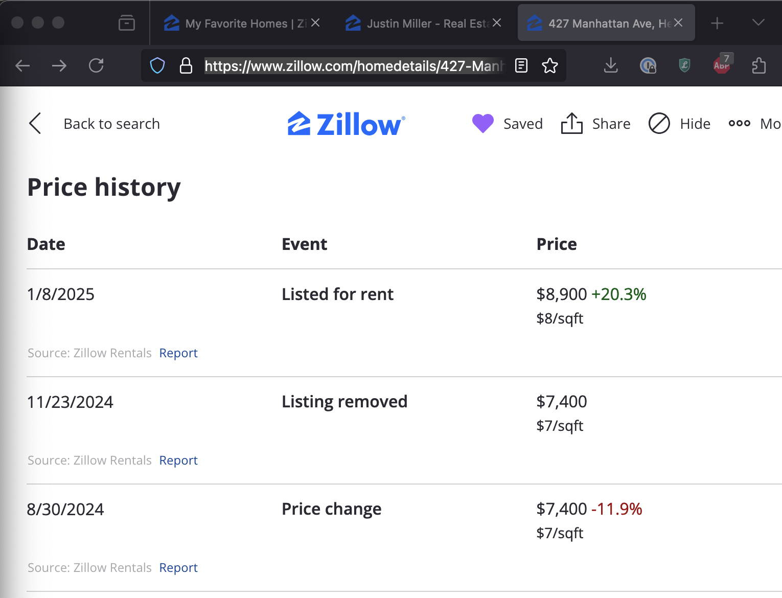 A screenshot submitted to The Rent Brigade after this year's Los Angeles wildfires as evidence of price gouging. The asking price for this home in Hermosa Beach jumped by 20 percent, double the legal limit.