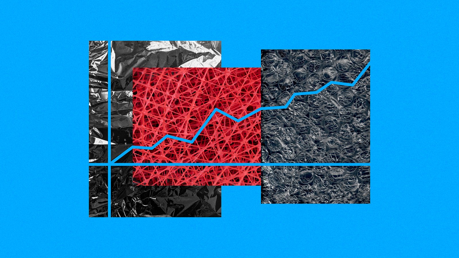 A collage of three photos of plastic (a bag, some fencing, and some bubble wrap) overlaid with a gestural blue line chart on a blue background. The bag and bubble wrap are grey and the fencing is red.