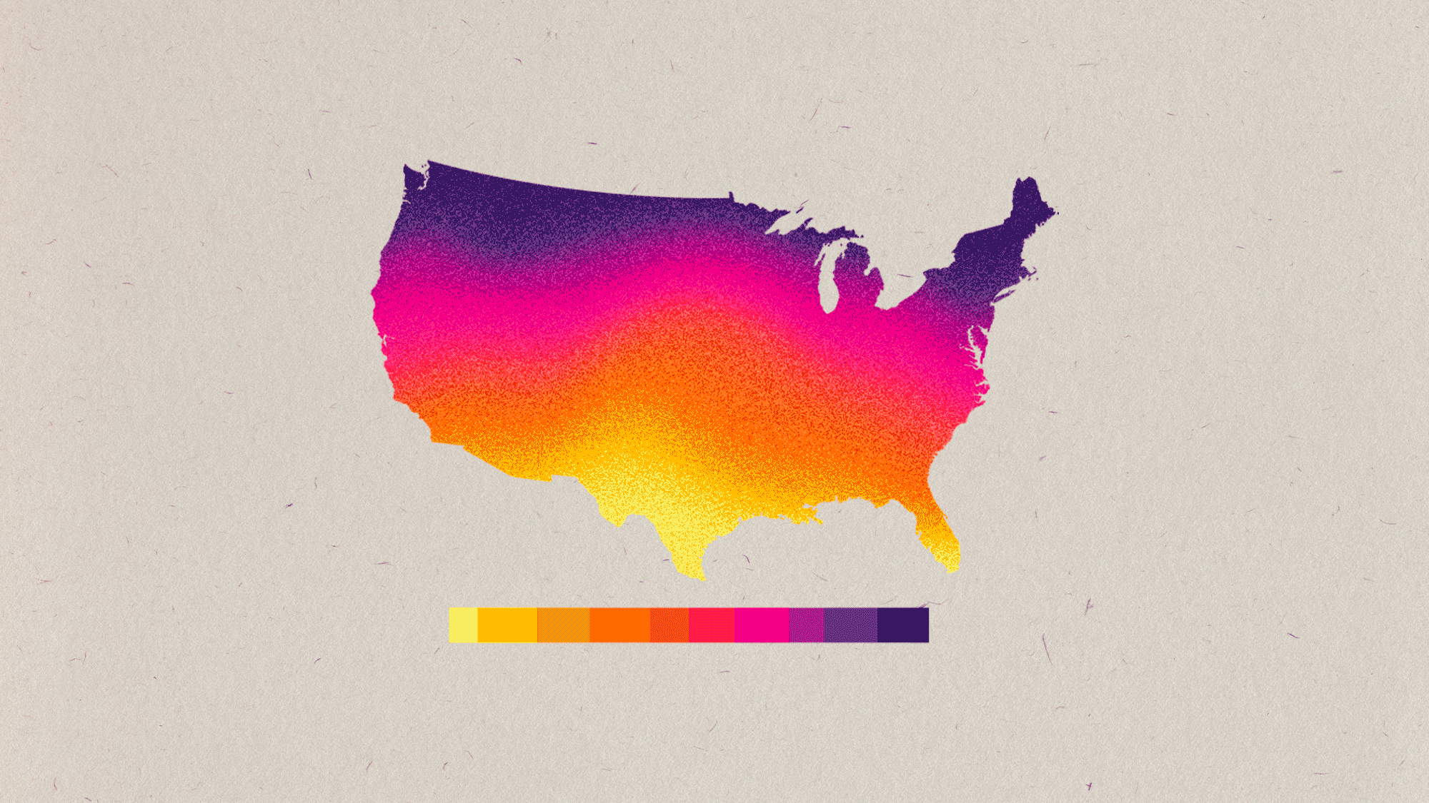 A colorful gradient-filled image of the United States with a warm-colored bar on the bottom in the same gradient. The image moves and slowly fades away, representing the concept of climate data erasure