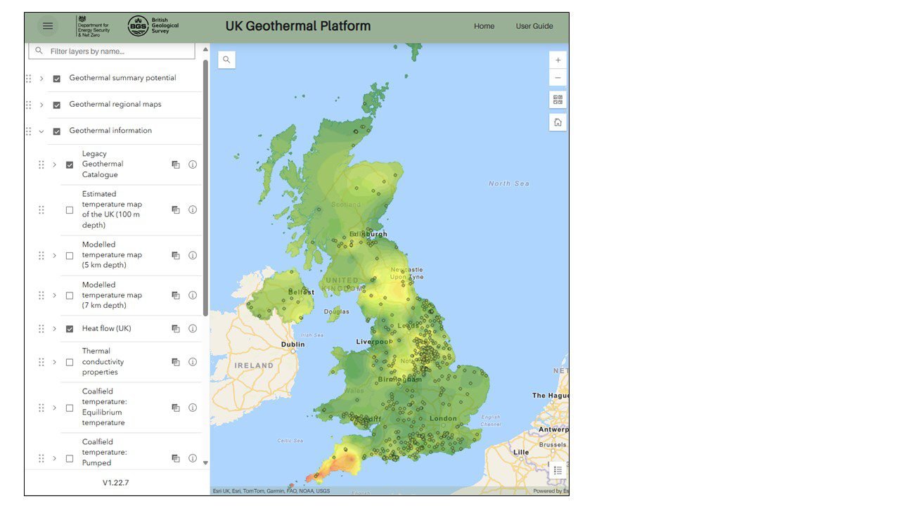 Map of the UK with a verbal key at the left outlining various options for exploring the geothermal possibilities of the land
