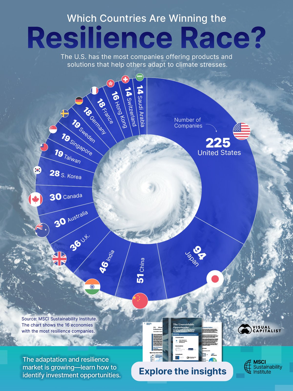 A donut chart of the number of resilience companies by country showing that the U.S. has the most.