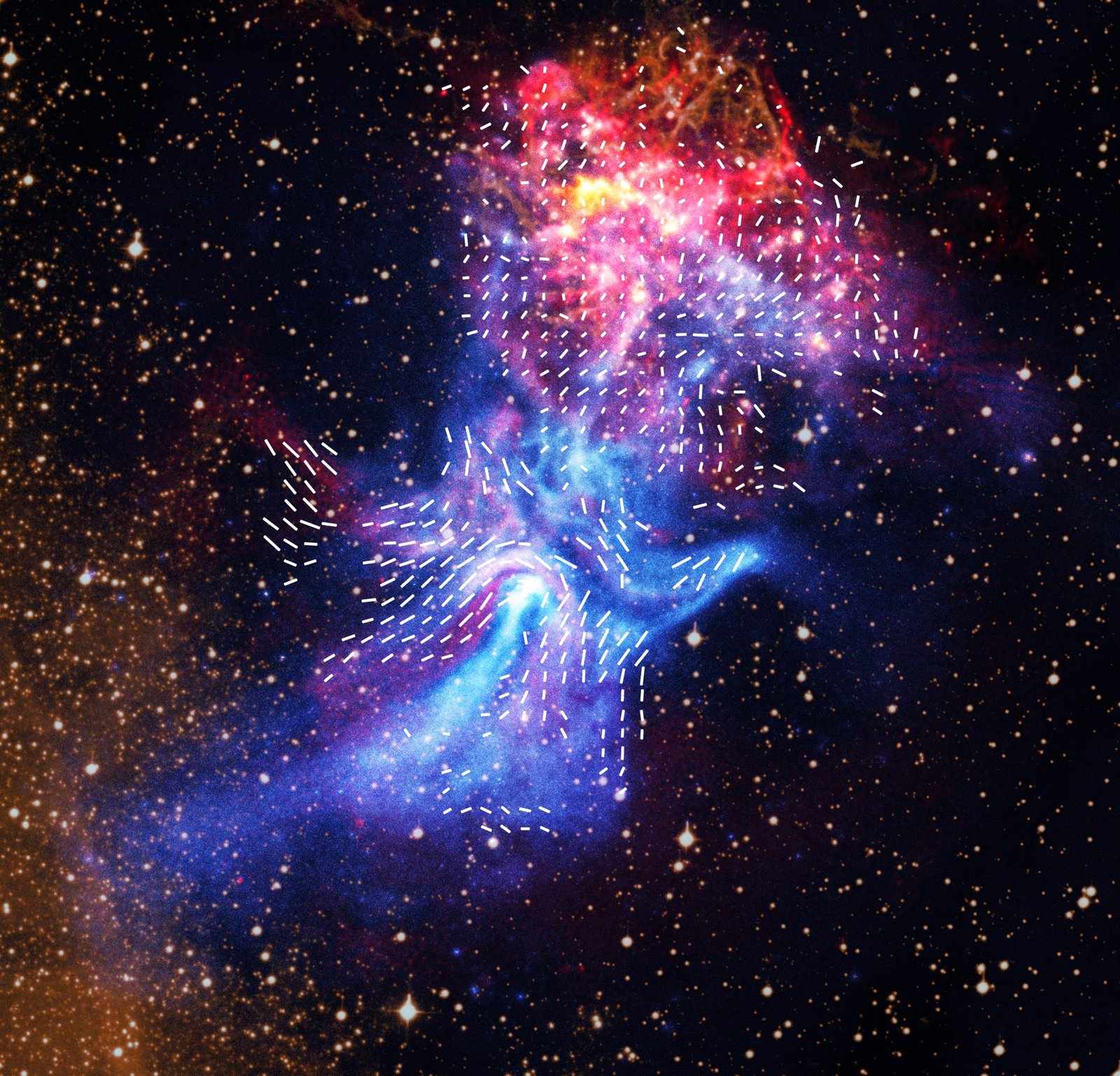 Near the center of these images lies the pulsar B1509-58, a rapidly spinning neutron star that is only about 12 miles in diameter. This tiny object is responsible for producing an intricate nebula (called MSH 15-52) that spans over 150 light-years, or about 900 trillion miles. The nebula, which is produced by energetic particles, resembles a human hand with a palm and extended fingers pointing to the upper right in a view from NASA's Chandra X-ray Observatory. Radio data from the Australia Telescope Compact Array (ATCA) provides new information about this exploded star and its environment. This image also contains optical data of hydrogen gas. The bright red and gold areas near the top of the image show the remains of the supernova that formed the pulsar.