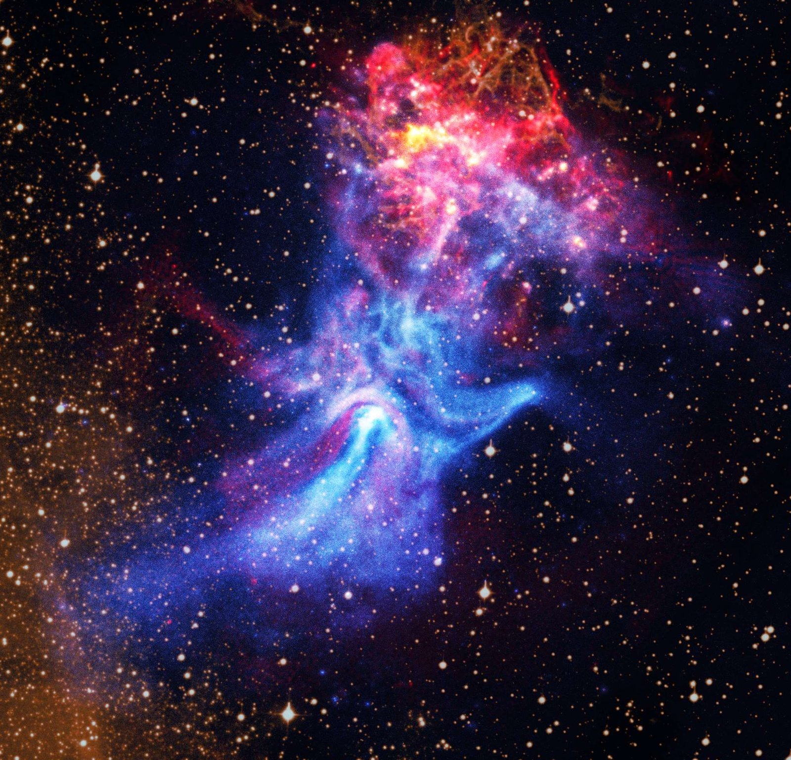 Near the center of these images lies the pulsar B1509-58, a rapidly spinning neutron star that is only about 12 miles in diameter. This tiny object is responsible for producing an intricate nebula (called MSH 15-52) that spans over 150 light-years, or about 900 trillion miles. The nebula, which is produced by energetic particles, resembles a human hand with a palm and extended fingers pointing to the upper right in a view from NASA's Chandra X-ray Observatory. Radio data from the Australia Telescope Compact Array (ATCA) provides new information about this exploded star and its environment. This image also contains optical data of hydrogen gas. The bright red and gold areas near the top of the image show the remains of the supernova that formed the pulsar.