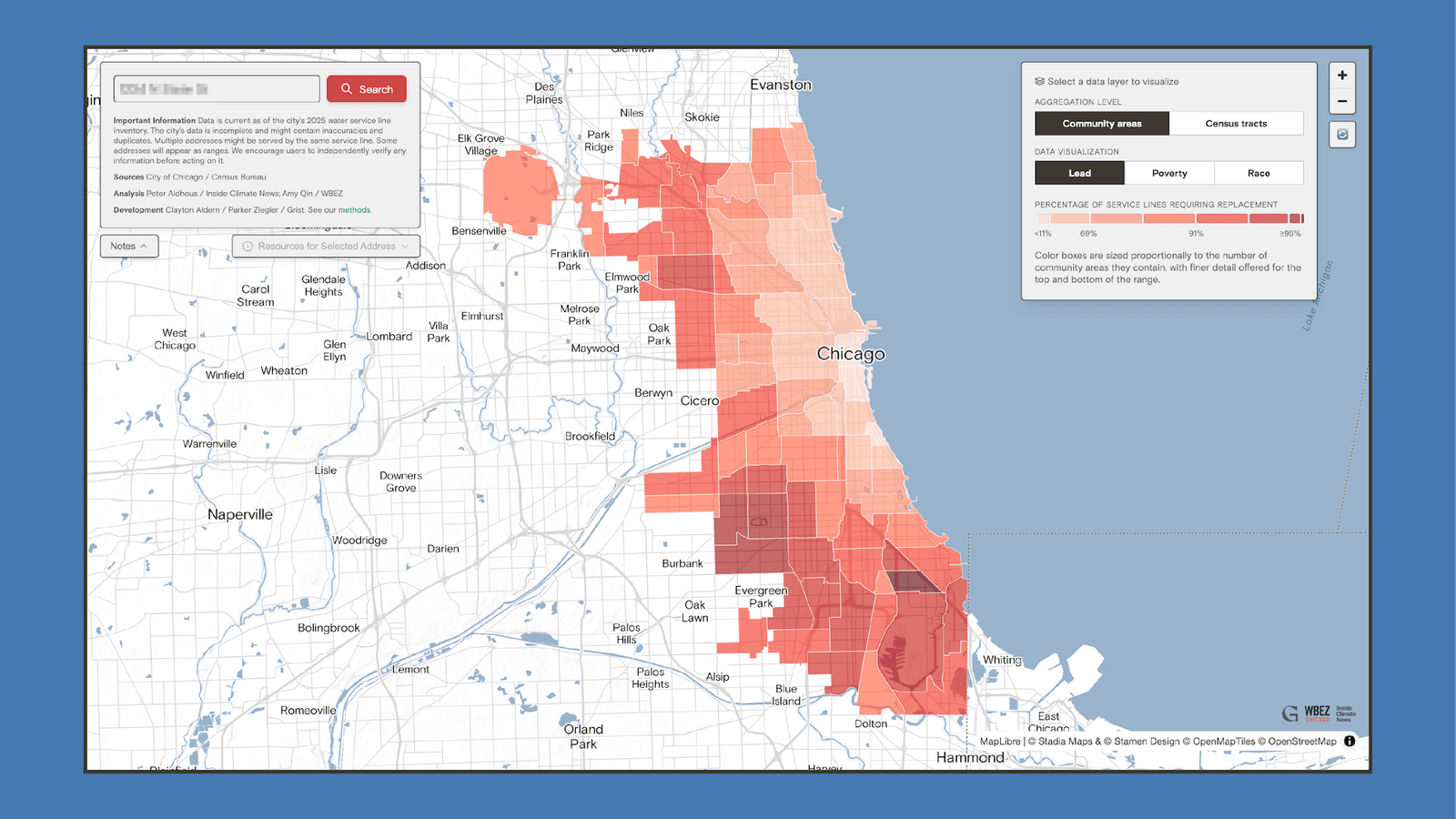 a choropleth map of Chicago showing various shades of red indicating lead service pipe density by neighborhood