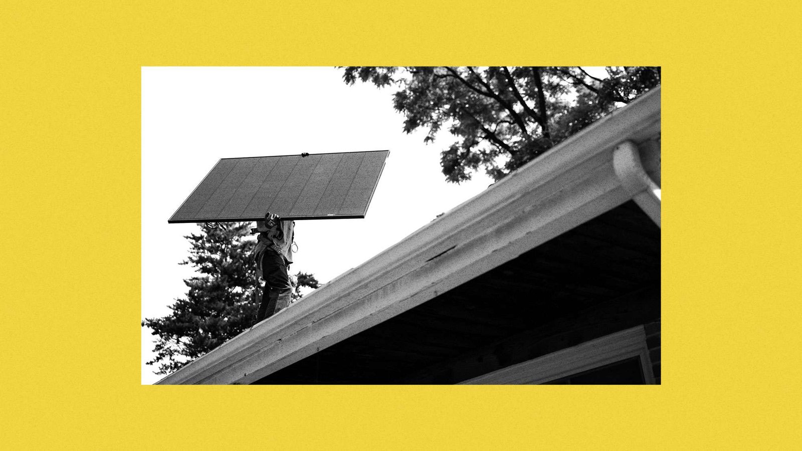 Photo of person carrying a solar panel on a roof inset on a yellow background