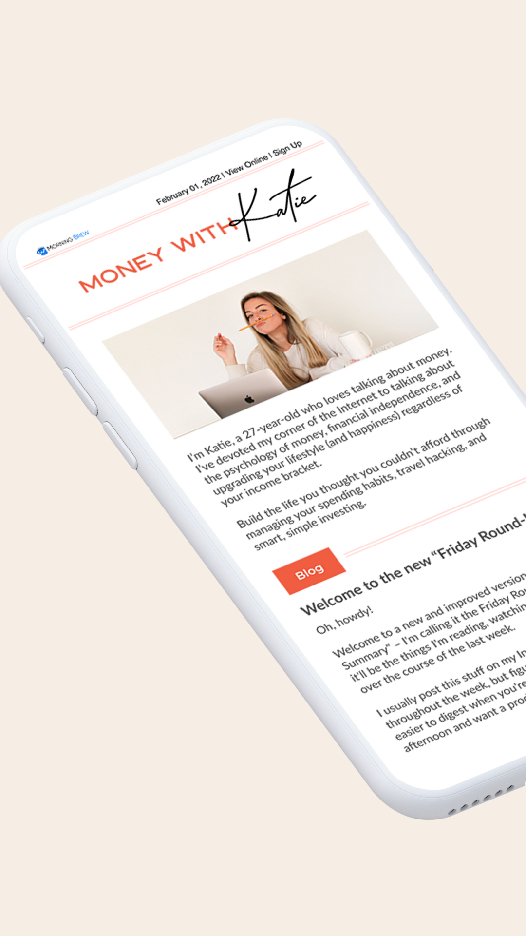 A screenshot of Money With Katie's newsletter on an iphone graphic.