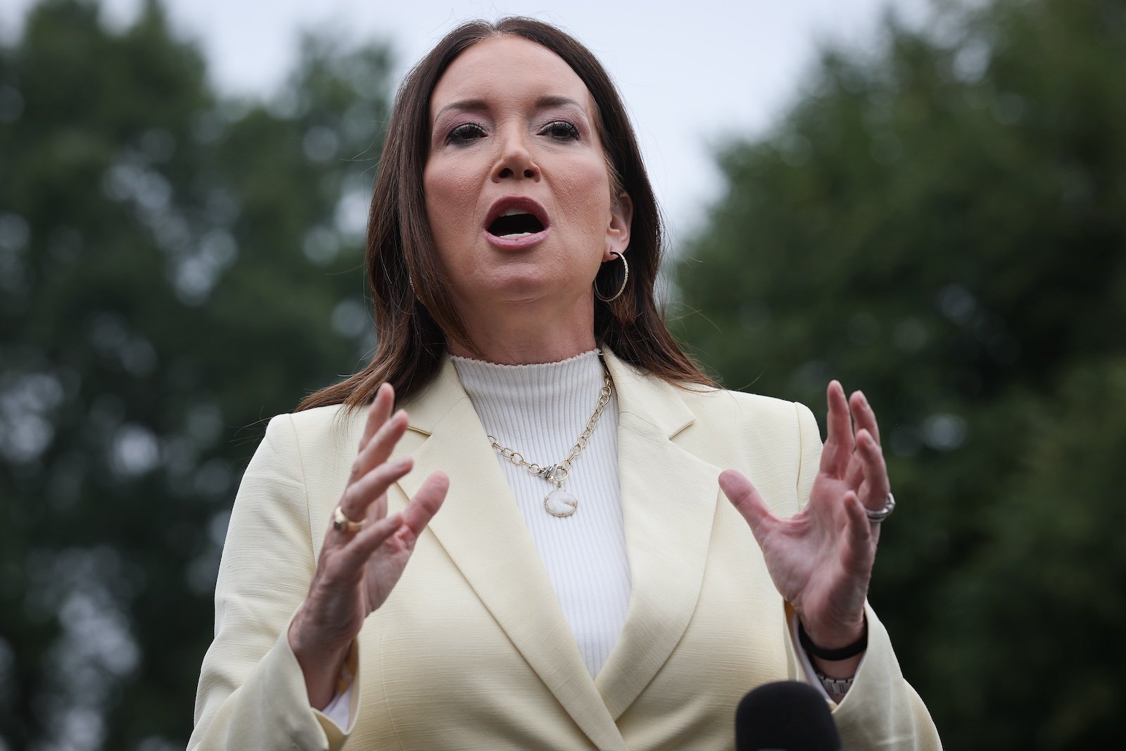 Trump agricultural secretary Brooke Rollins answers questions at a podium outside the White House, with trees in the background