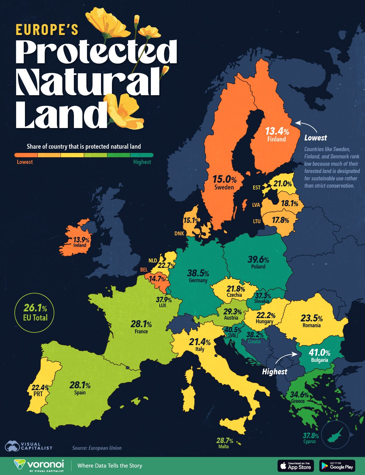 Map showing EU countries and their share of protected land.