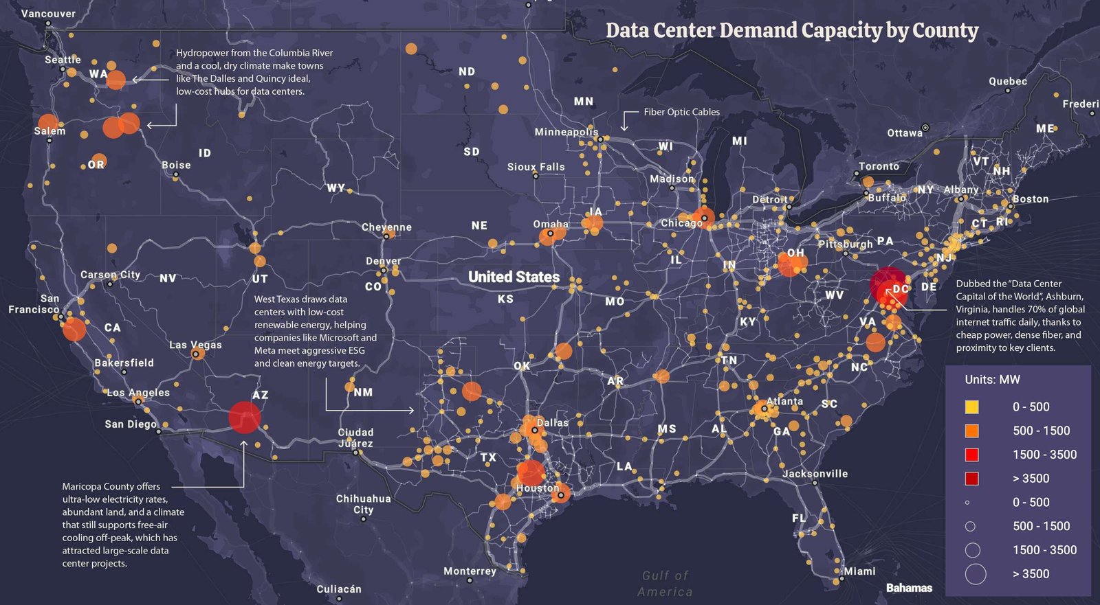 U.S. map showing power capacity in megawatts for data center hubs across the country, color-coded by output level