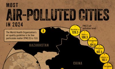 A map showing 20 of the most polluted cities in the world.