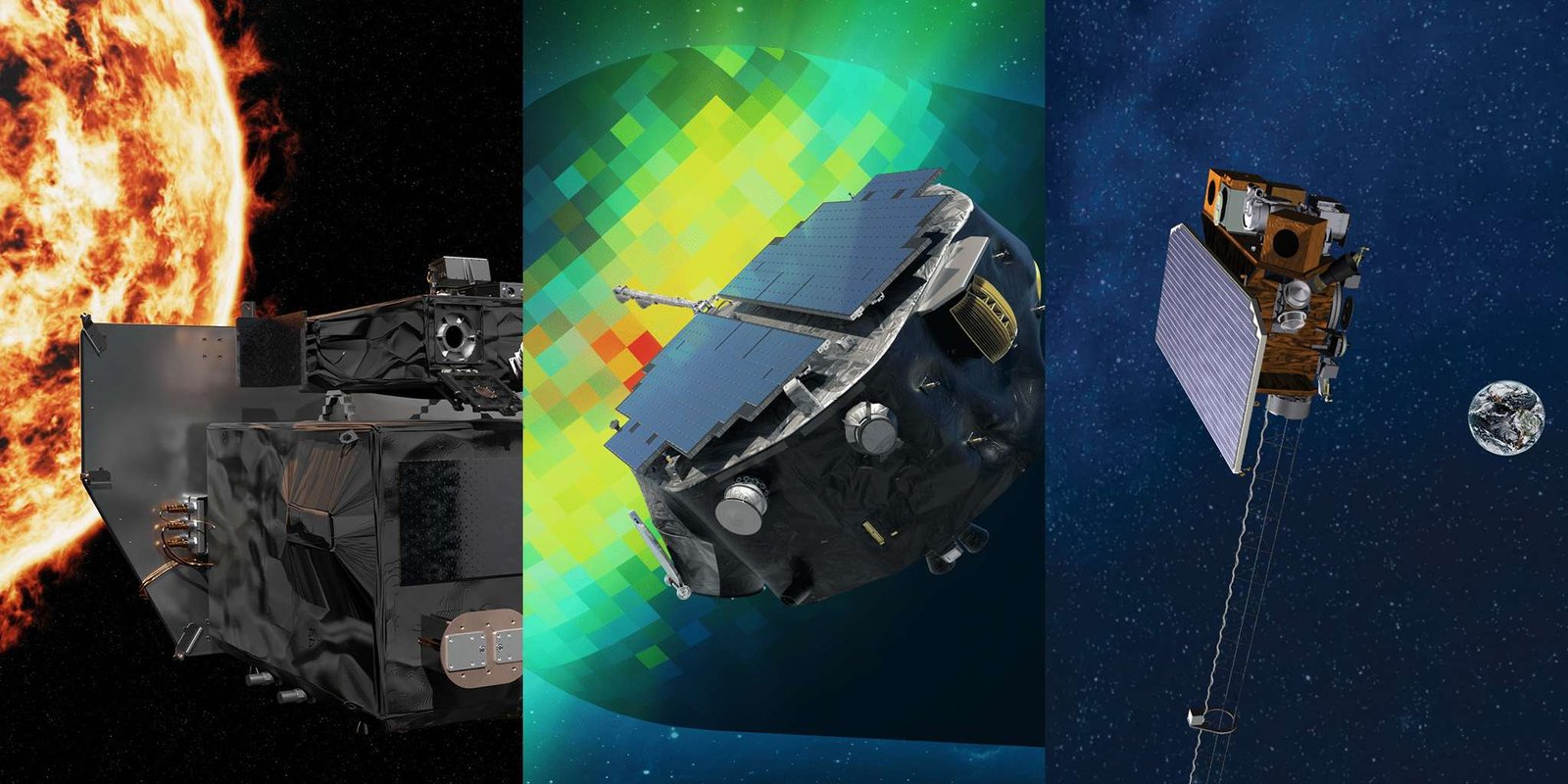 A triptych illustration shows the Carruthers Geocorona Observatory facing the Sun, the IMAP spacecraft mapping the heliosphere, and SWFO-L1 monitoring space weather near Earth.