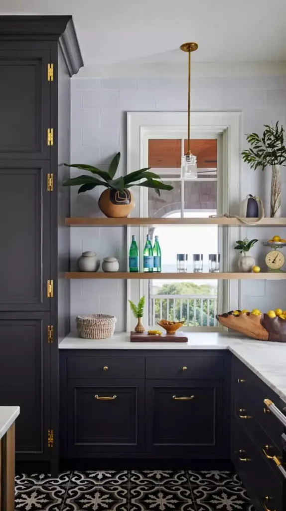 Open Shelf Accent Wall Kitchens and Dining Room