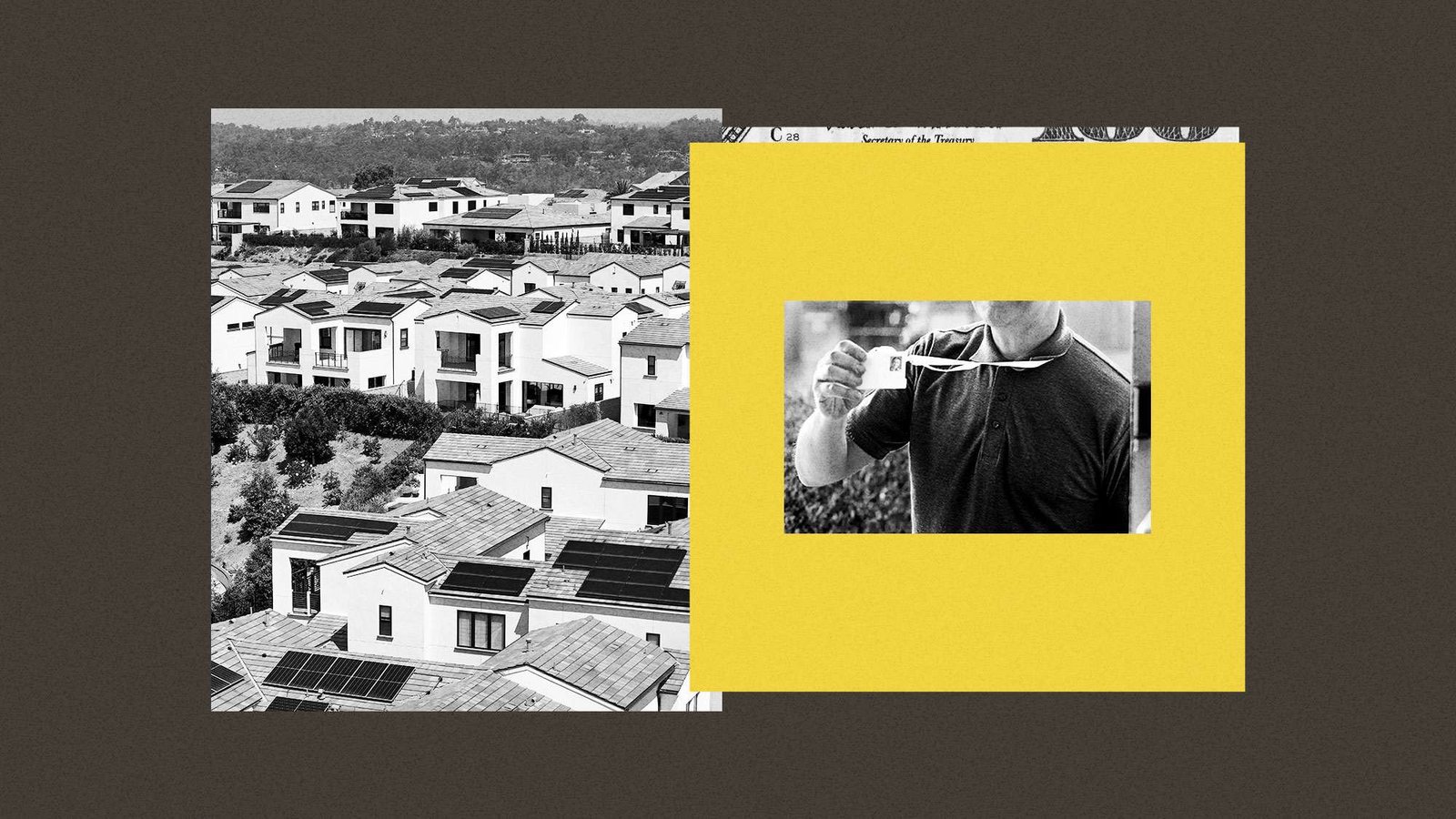 Collage of solar panels on roofs beside a door-to-door salesperson