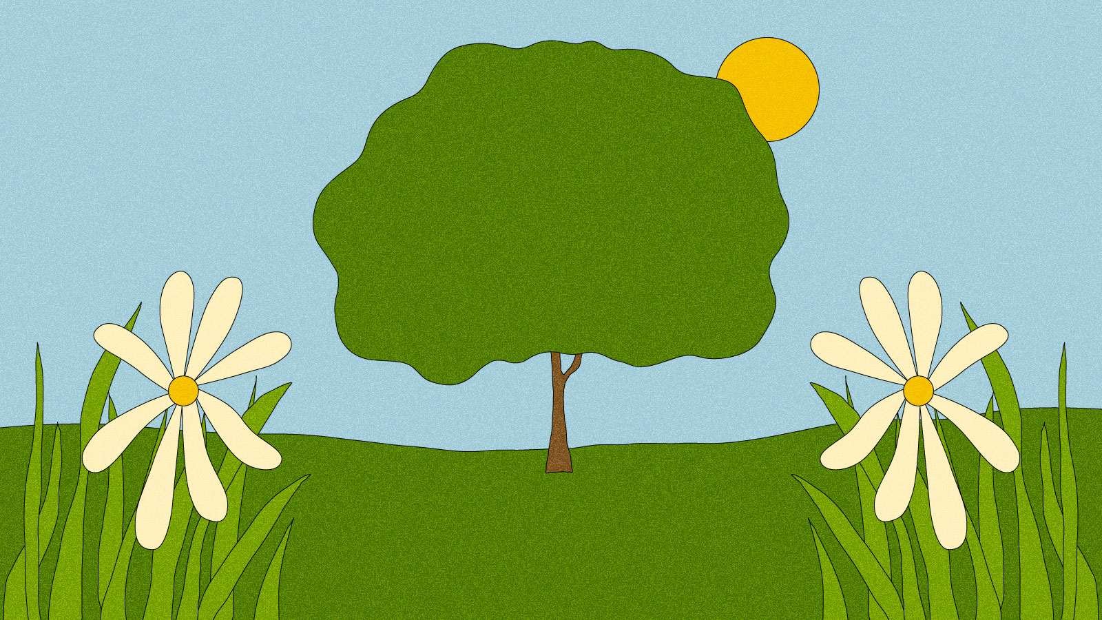 Illustration of large tree with flowers in foreground