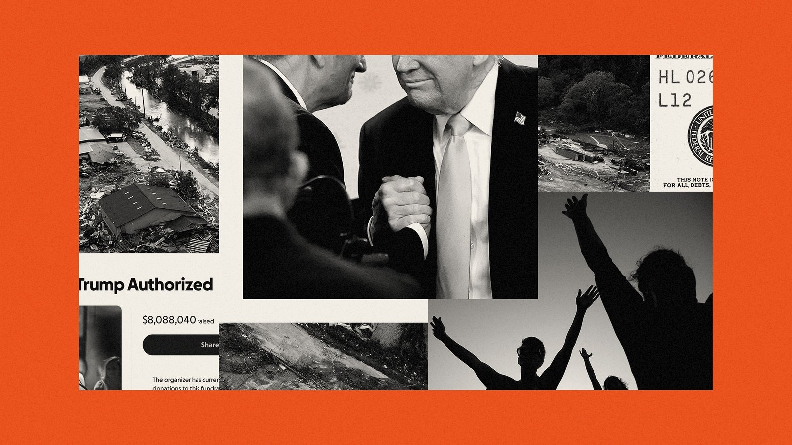 Collage of aerial view of Hurricane Helene damage in North Carolina, Trump and Franklin Graham, people praying with their arms raised, Trump's GoFundMe page, and a dollar bill