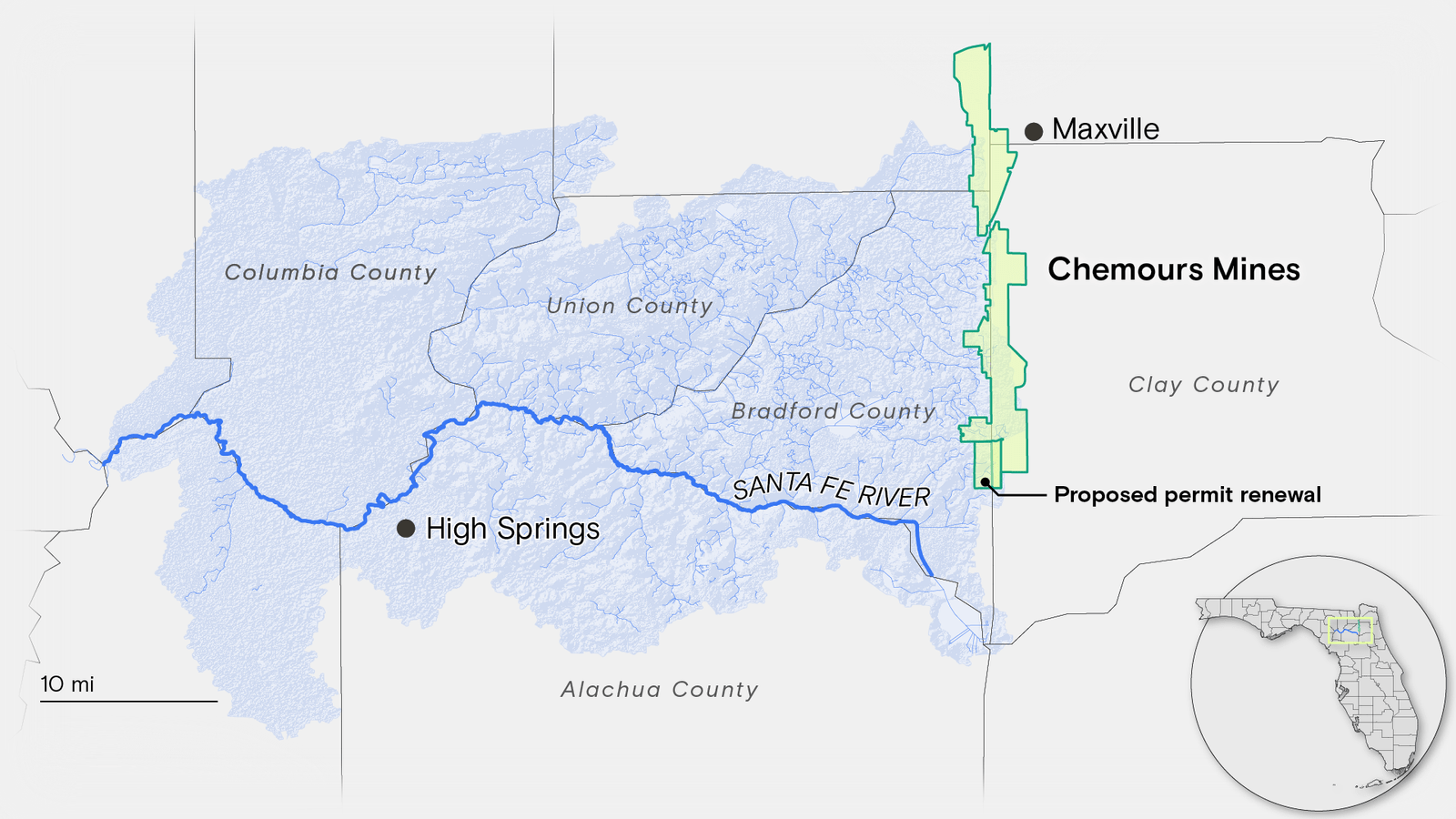 A map shows several Chemours mining sites located near the Santa Fe River watershed in Northern Florida.