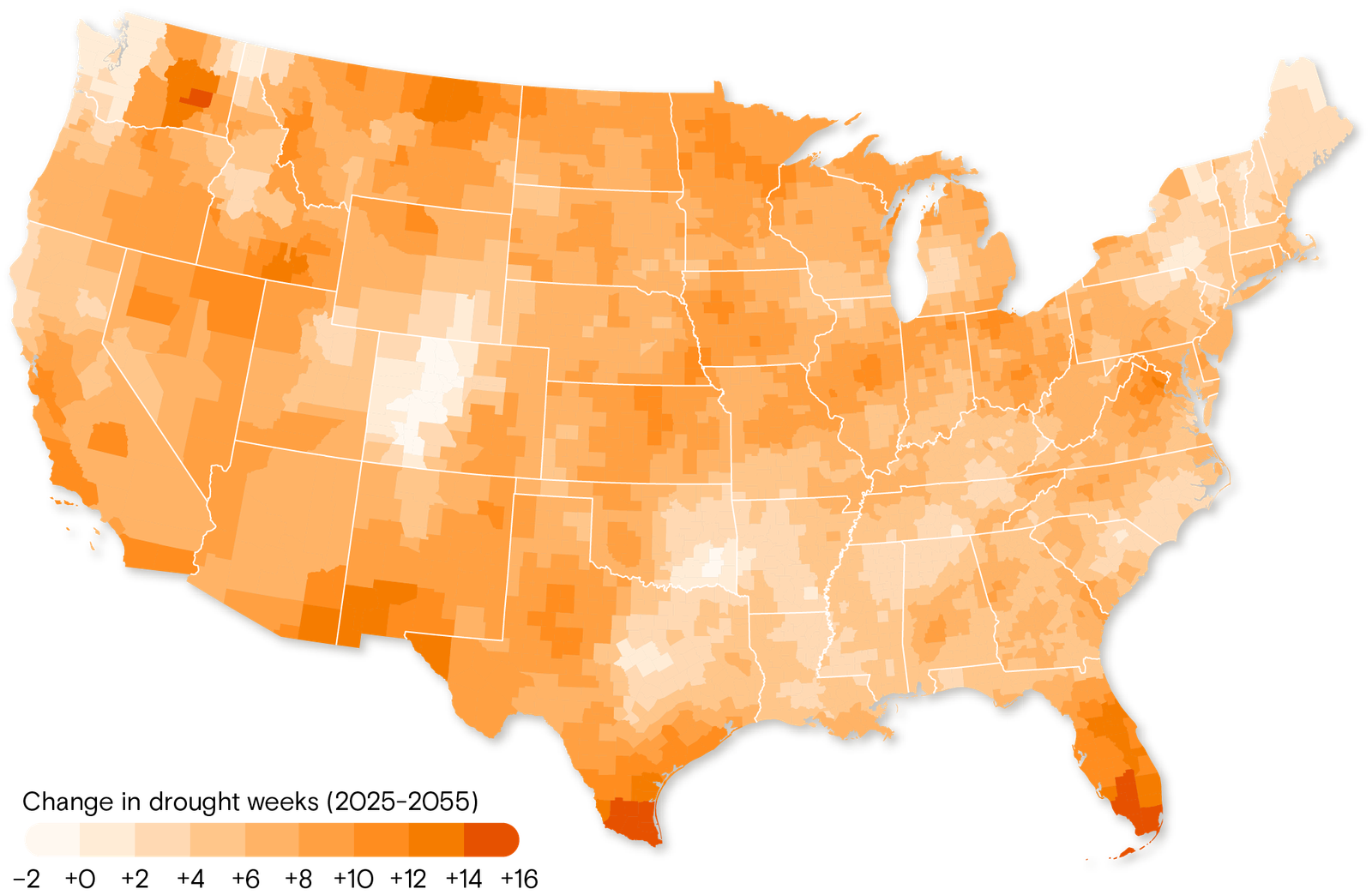 U.S. map showing change in drought weeks from 2025 to 2055