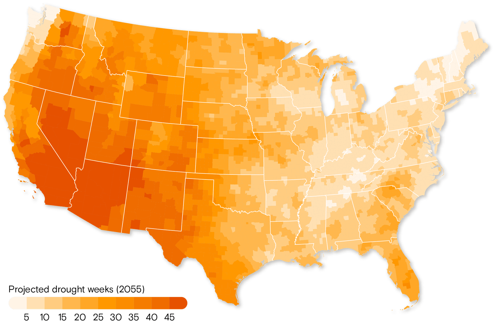 U.S. map showing projected drought weeks in 2055