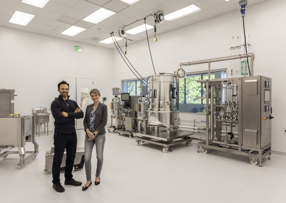 Through the use of CRISPR/Cas9 tech to knock out p53 and insert Telomerase Reverse Transcriptase (TERT), SCiFi Foos developed immortalized bovine cell lines, then adapted several of these cell lines for growth in single-cell suspension. Pictured: CEO Joshua March and CTO Dr. Kasia Gora at the pilot plant in late 2023. Image credit: SCiFi Foods